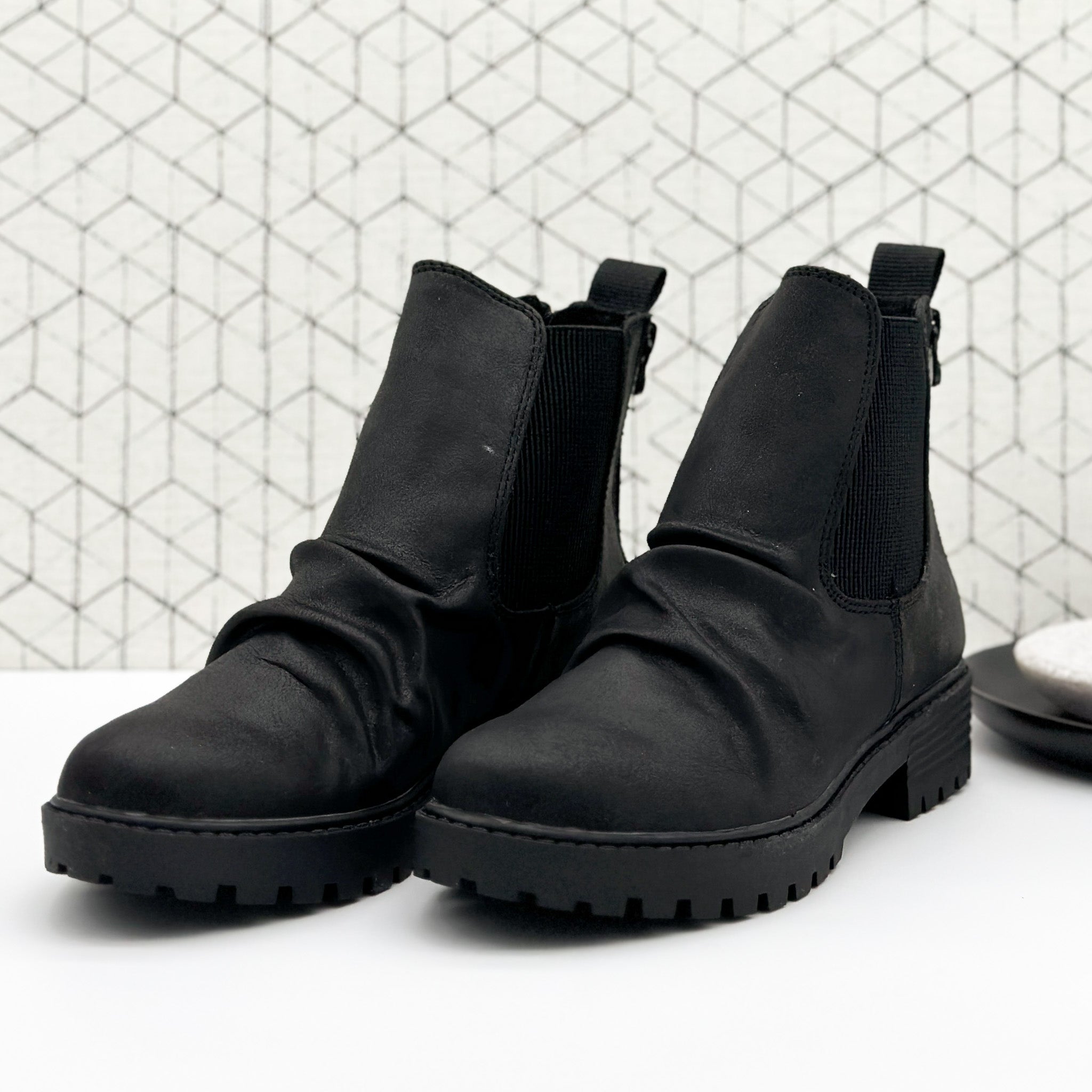 Noble Bootie Black Faux Suede Slouched Combat Boot Zippers Naughty Monkey